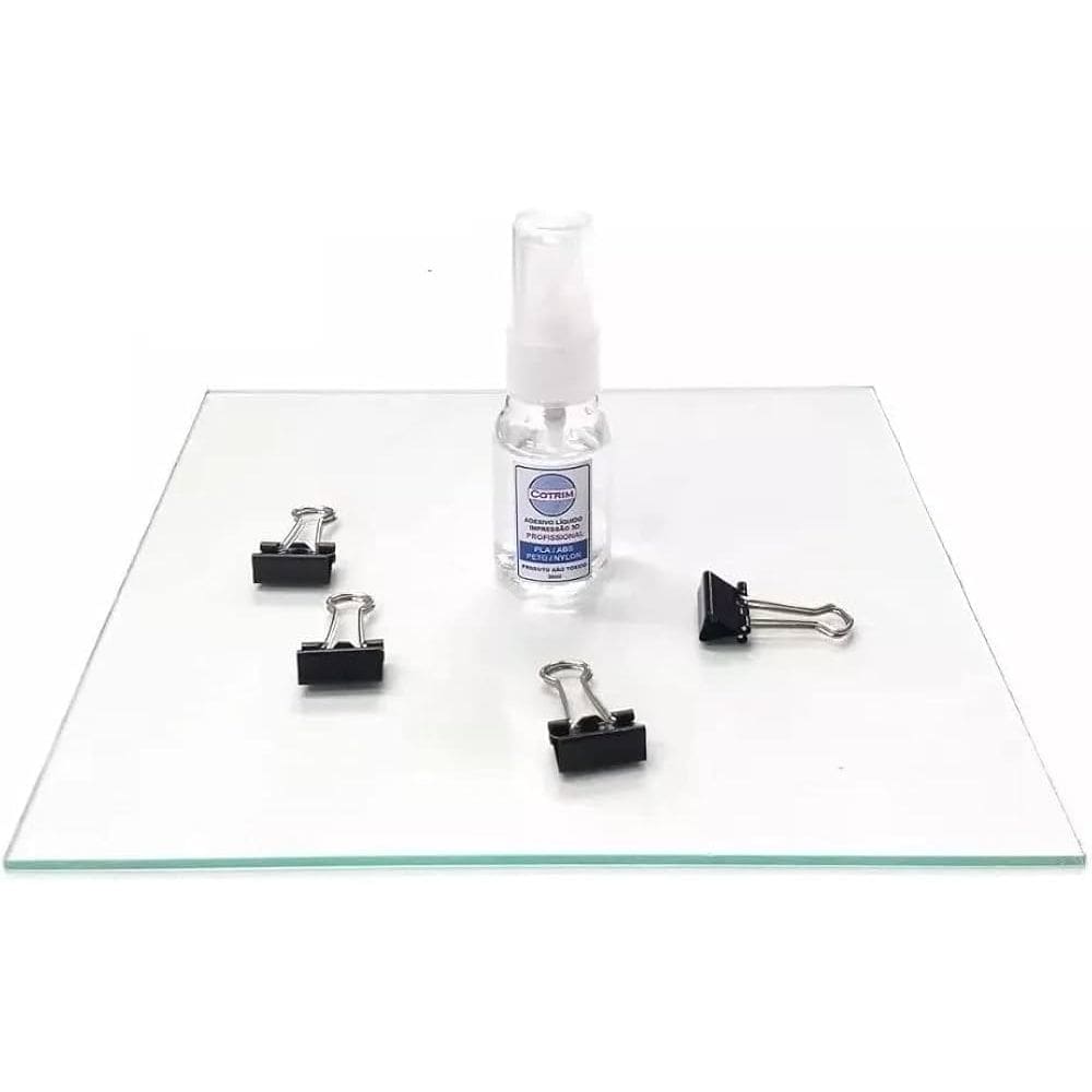 Kit Base de vidro 235 x 235mm p/ impressoras 3D c/ presilha e adesivo
