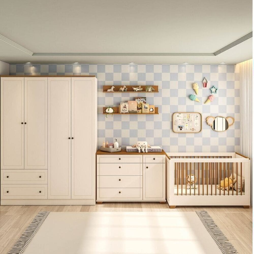 Quarto de Bebê Completo 1 Berço 1 Cômoda e 1 Guarda Roupa 4 portas Baby Ananda Casatema OffWhite/Mel