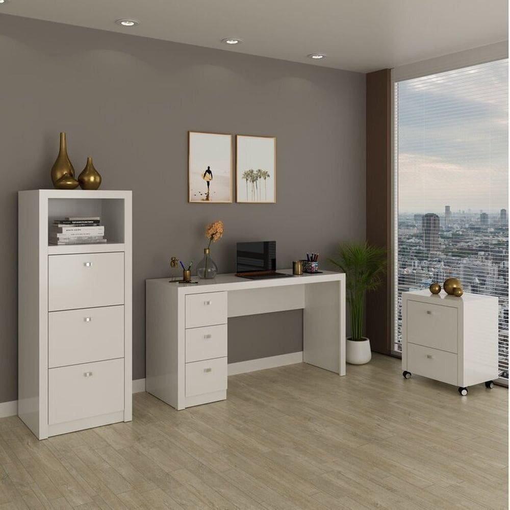 Kit para Escritório com 1 Armário 1 Gaveteiro e 1 Mesa de Canto Branco