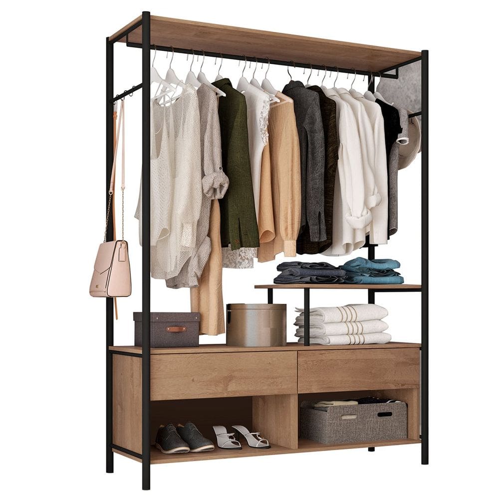 Guarda-Roupa 3 Prateleiras 2 Gavetas Aço Carbono e MDF com e Cabideiro Bianca