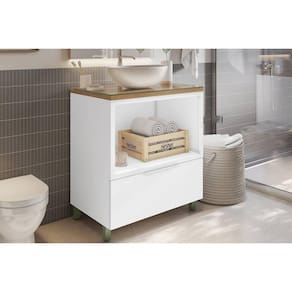 Gabinete de Banheiro Balcão Marquesa c/ 1 Gaveta e 1 Nicho 80cm Branca/Nature - Nesher