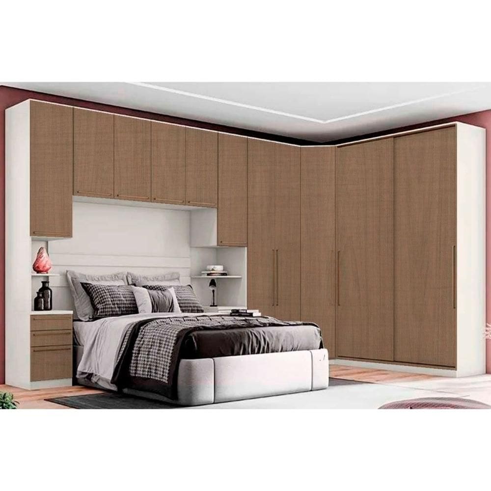 Quarto Casal Modulado Seletto 6 Peças (1 Ponte + 1 Closet Canto + 1 G Roupa 2Ptas + 1 G Roupas 2Ptas de Correr + 2 Complementos) QM124 Areia/Jequitibá