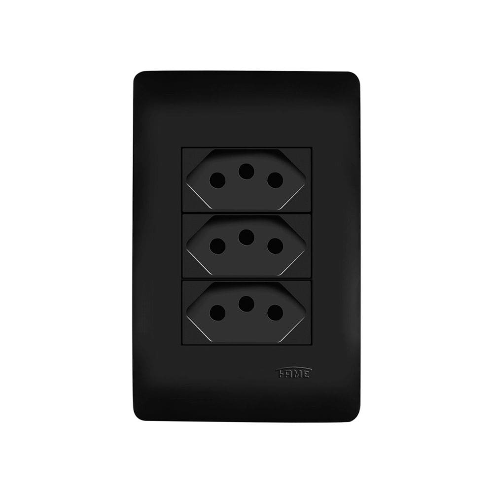 Tomada Tripla Fame Habitat Black 2P+T 10A com Placa 4x2 Preta