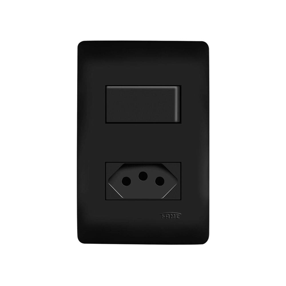 Interruptor Simples e Tomada 2P+T 10A Fame Habitat Black com Placa 4x2 Preto