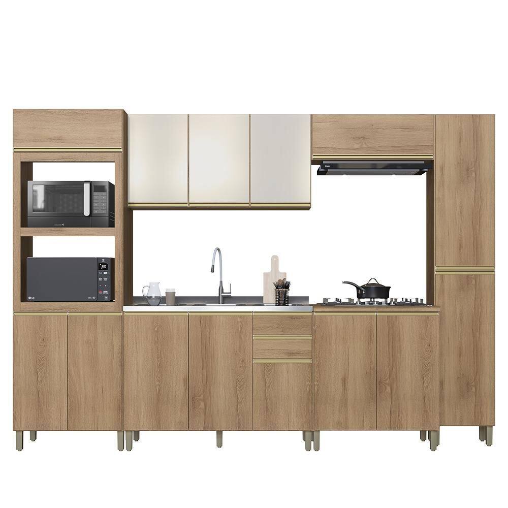 Cozinha Modulada Dinamarca 6 Peças com Torre Quente 2 Fornos e Aéreo 120cm com Vidro - Indékes