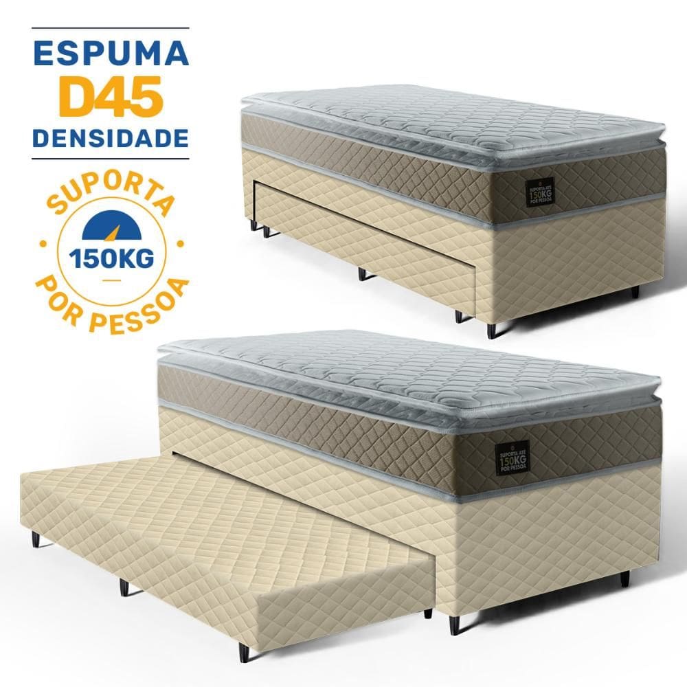 Cama Box com Colchão de Espuma D45 Pillow Top Strong One Face + Auxiliar de Espuma Unique Solteiro 88cm