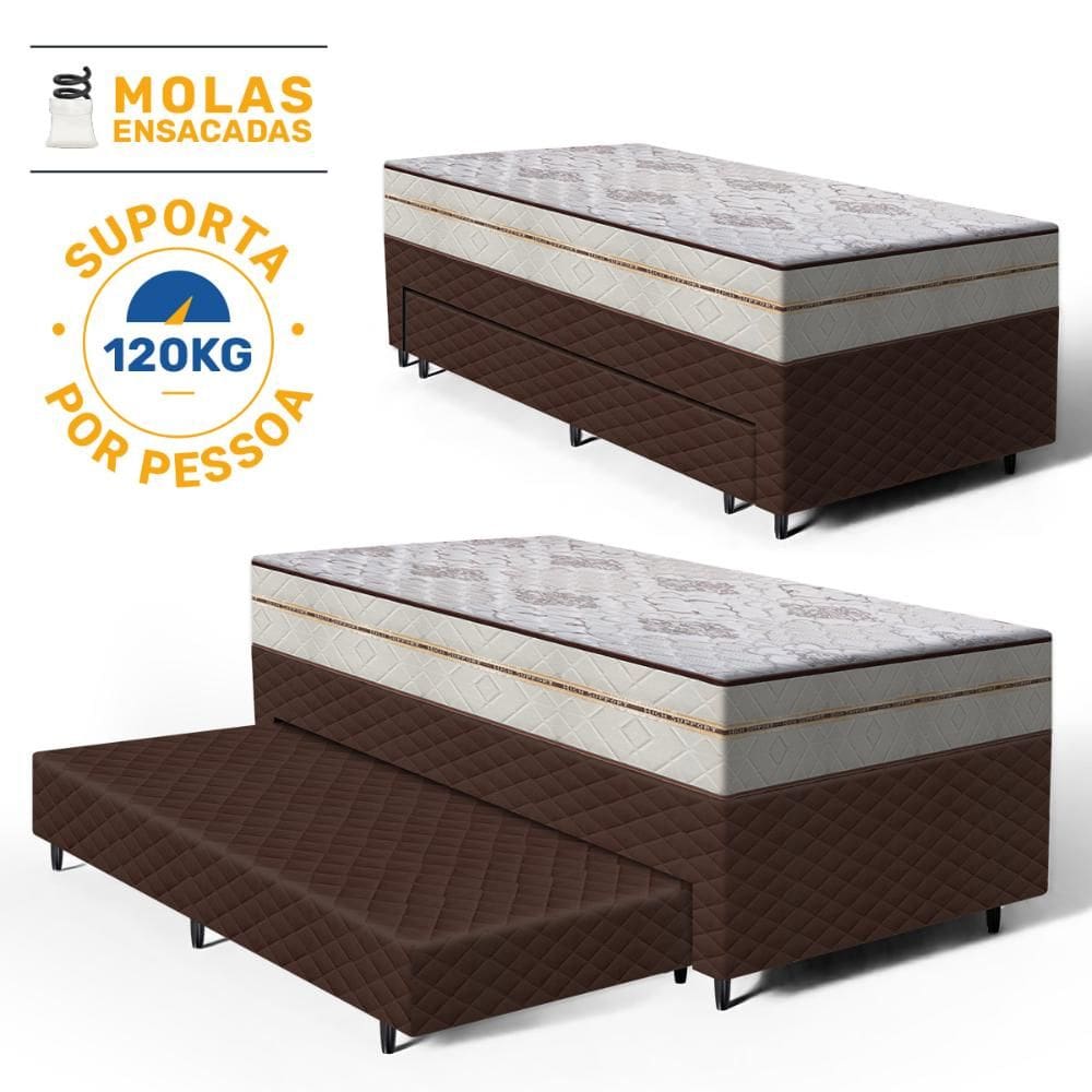 Cama Box com Colchão de Molas Ensacadas Luxury + Auxiliar de Espuma Unique Solteiro 88cm