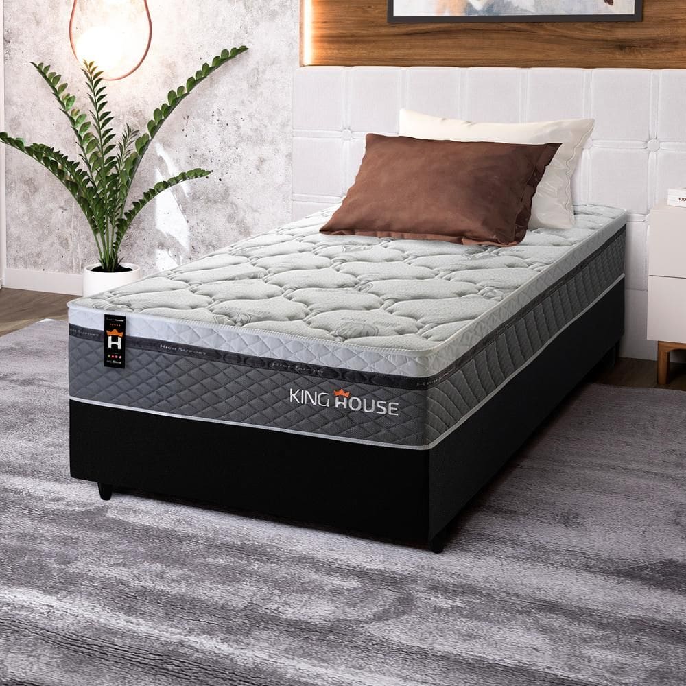 Conjunto Cama Box c/ Molas Ensacadas Benton Cinza Solteiro 88x188x71