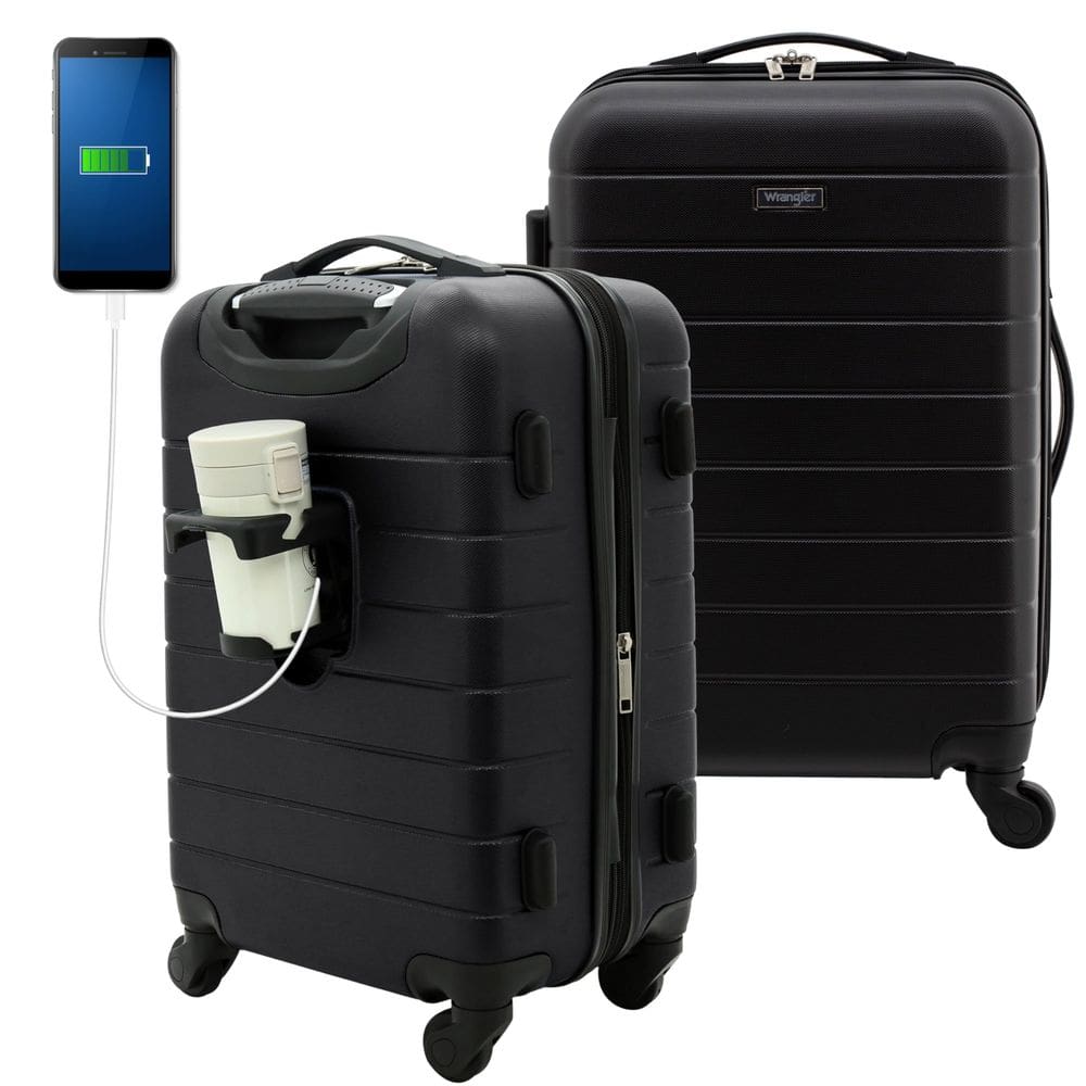 Conjunto de bagagem Wrangler Smart Black de 20 polegadas com porta-copos e USB