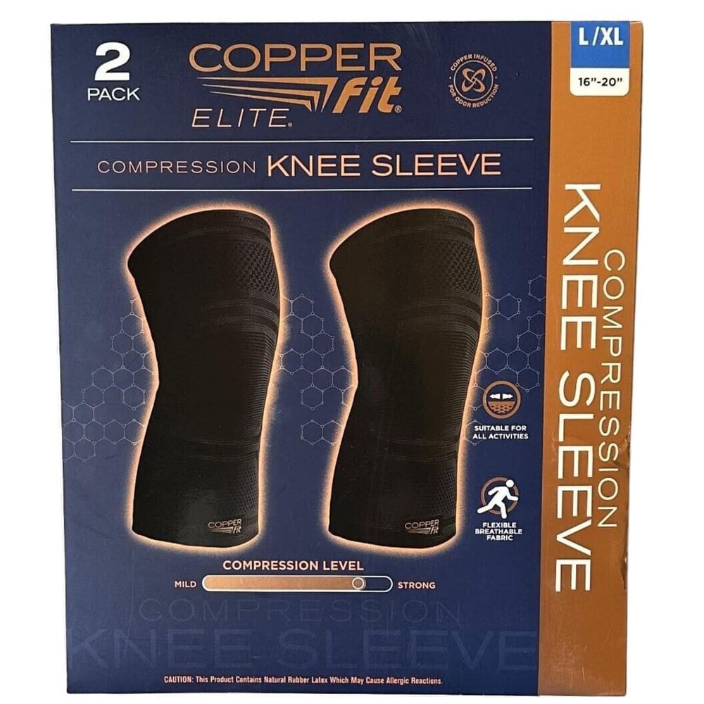 Manga de compressão de joelho, pacote com 2 unidades, Copper Fit Elite Black
