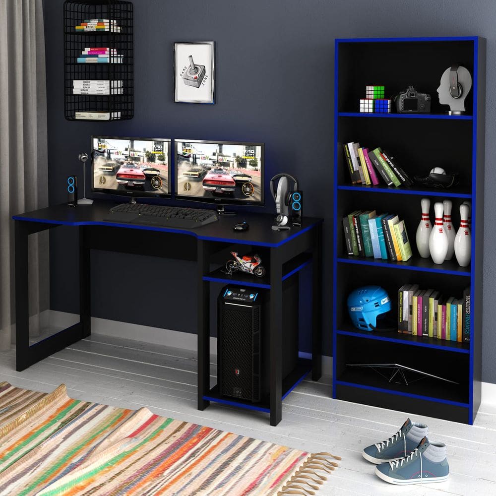 Kit Gamer Mesa para Computador com Estante Multiuso Preto Azul