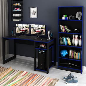 Kit Gamer Mesa para Computador com Estante Multiuso Preto Azul