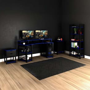Conjunto Escritório Gamer com Mesa Cômoda Armário Estante 4 Peças Preto Azul
