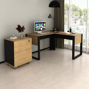 Kit Mesa de Canto com Gaveteiro para Escritório Amêndoa Preto
