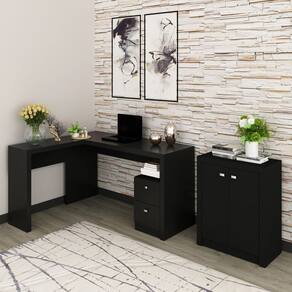 Mesa Escritório com Armário 2 Portas 2 Gavetas Preto
