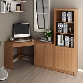 Conjunto Home Office Mesa Balcão Armário 3 Peças Amêndoa