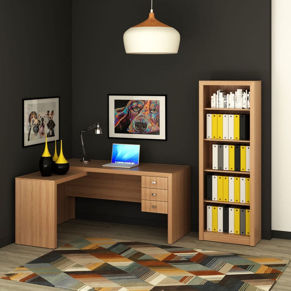 Mesa escritório Ofice em L 2 gavetas e Estante de Livros Amêndoa