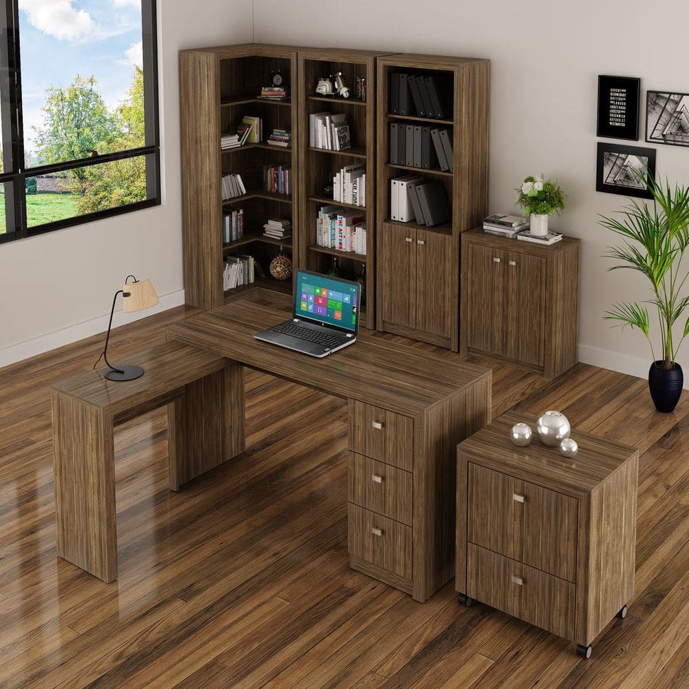 Conjunto Completo Escritório 6 peças Mesa Balcão Estante Armário Gaveteiro Nogal