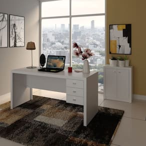 Conjunto Mesa de Escritório 3 Gavetas com Armário de 2 Portas Branco