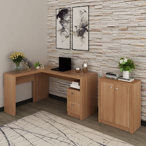 Mesa Escritório de Canto 2 Gavetas com Armário de 2 Portas Amêndoa