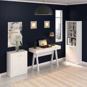 Conjunto Escritório Mesa Armário Estante 2 Portas 3 Peças Branco