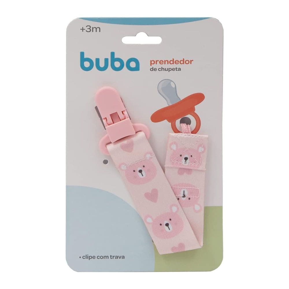 Prendedor de Chupeta Buba Clip com Trava 3+ Meses Rosa 1 Unidade
