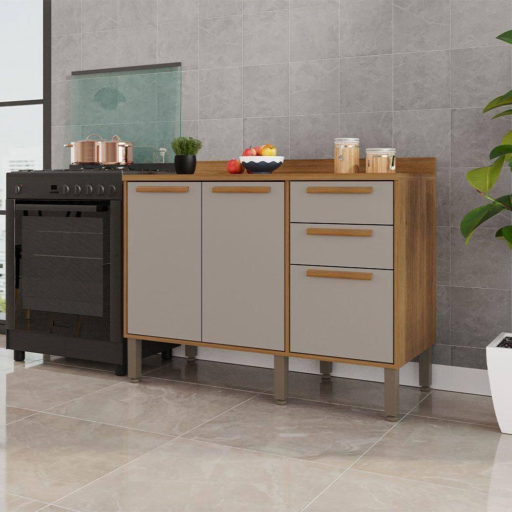 Balcão Cozinha Flórida 120cm 3 Portas 2 Gavetas Salleto Cinamomo/ Off White