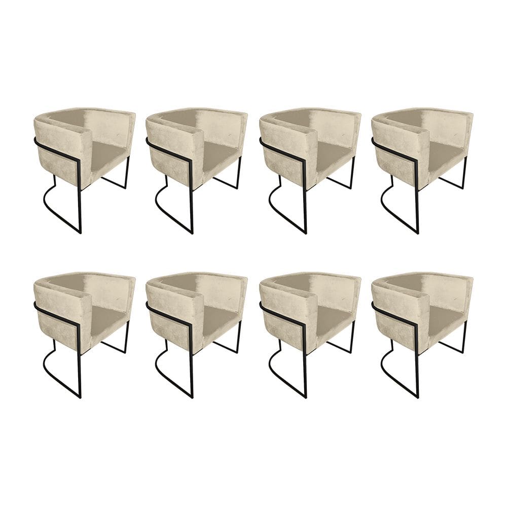 Kit 8 Poltronas Decorativa Sala de Estar Base de Ferro Preta Veludo Bege