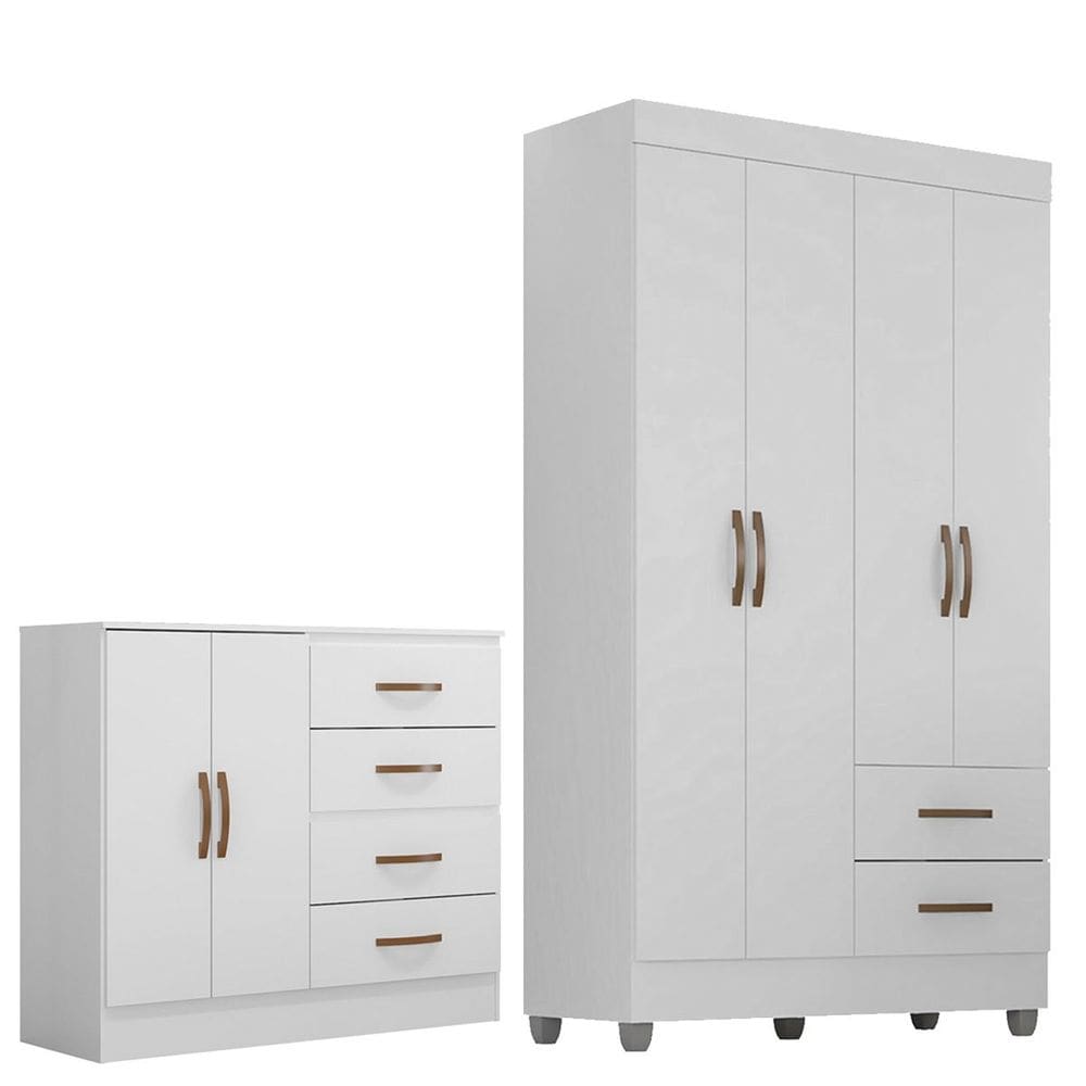 Kit Guarda-Roupa Solteiro 4 Portas e Cômoda Sapateira 2 Portas Lisa
