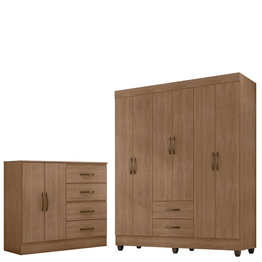 Kit Guarda-Roupa Casal 6 Portas com Cômoda Sapateira 4 Gavetas Lisa