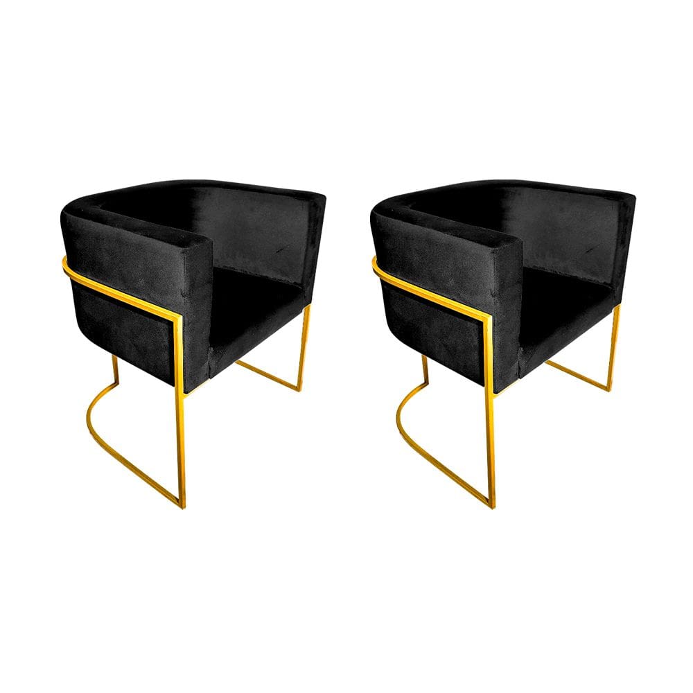 Kit 2 Poltronas Decorativa Sala de Estar Base de Ferro Dourada Veludo Preto