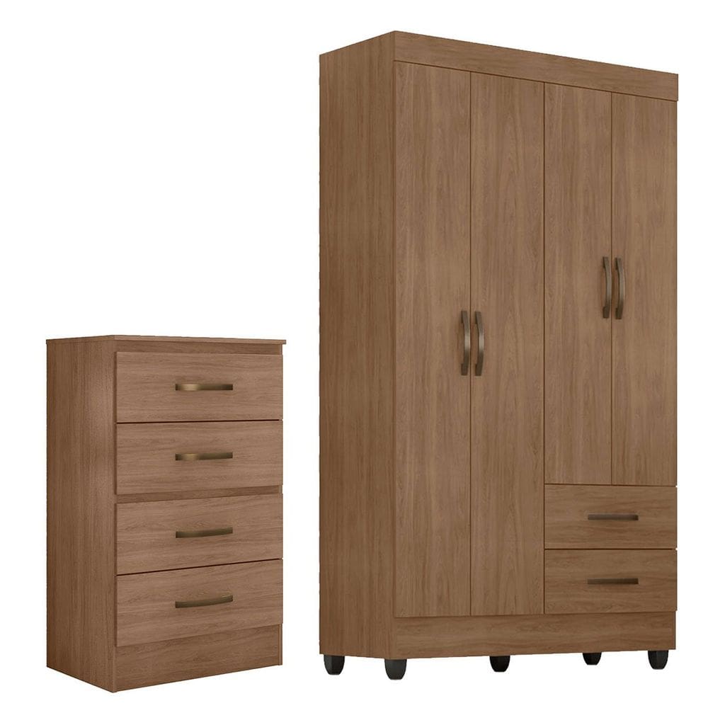 Kit Guarda-Roupa Solteiro 4 Portas e Cômoda 4 Gavetas Lisa
