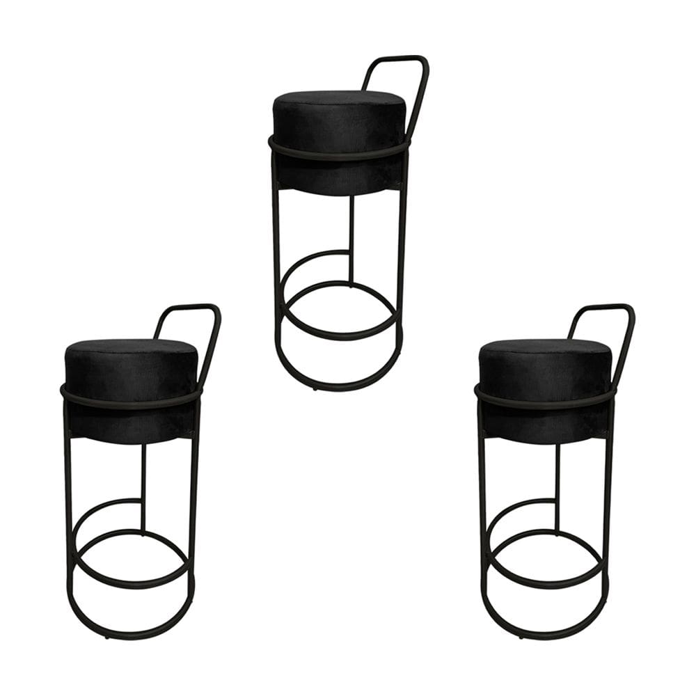 Kit 3 Banquetas Alta Redonda Base Preta Veludo - Preto
