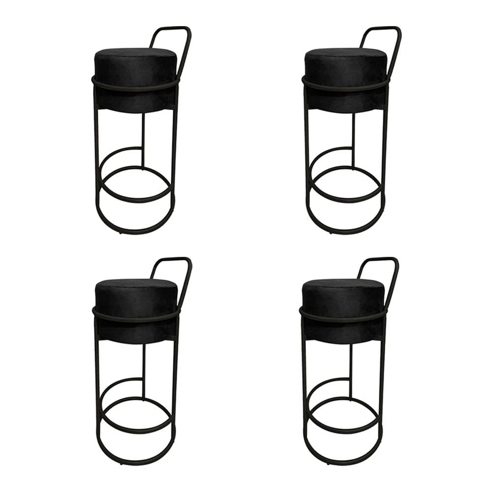Kit 4 Banquetas Alta Redonda Base Preta Veludo - Preto