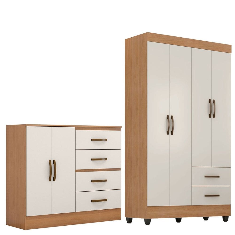Kit Guarda-Roupa Solteiro 4 Portas e Cômoda Sapateira 2 Portas Lisa