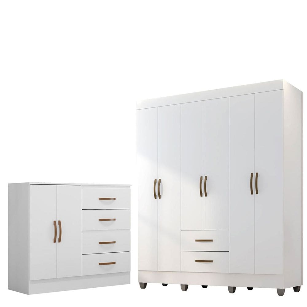 Kit Guarda-Roupa Casal 6 Portas com Cômoda Sapateira 4 Gavetas Lisa