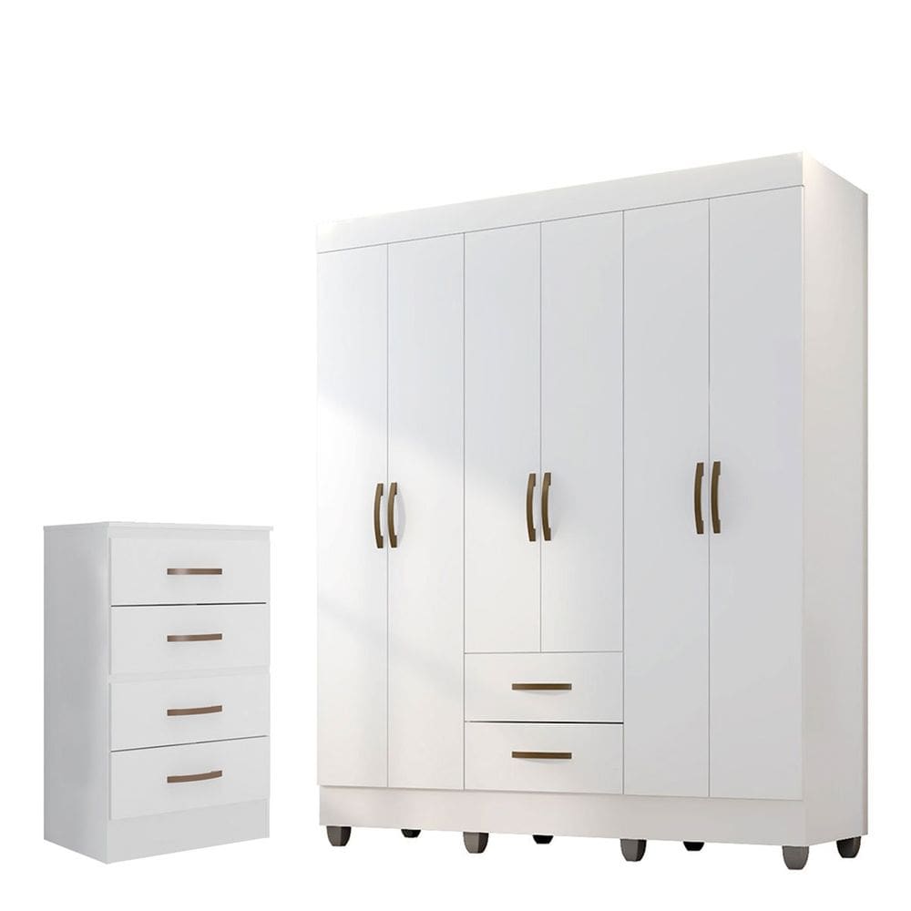 Kit Guarda-Roupa Casal 6 Portas com Cômoda 4 Gavetas Lisa