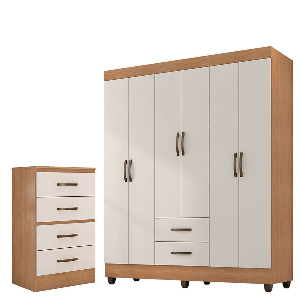 Kit Guarda-Roupa Casal 6 Portas com Cômoda 4 Gavetas Lisa