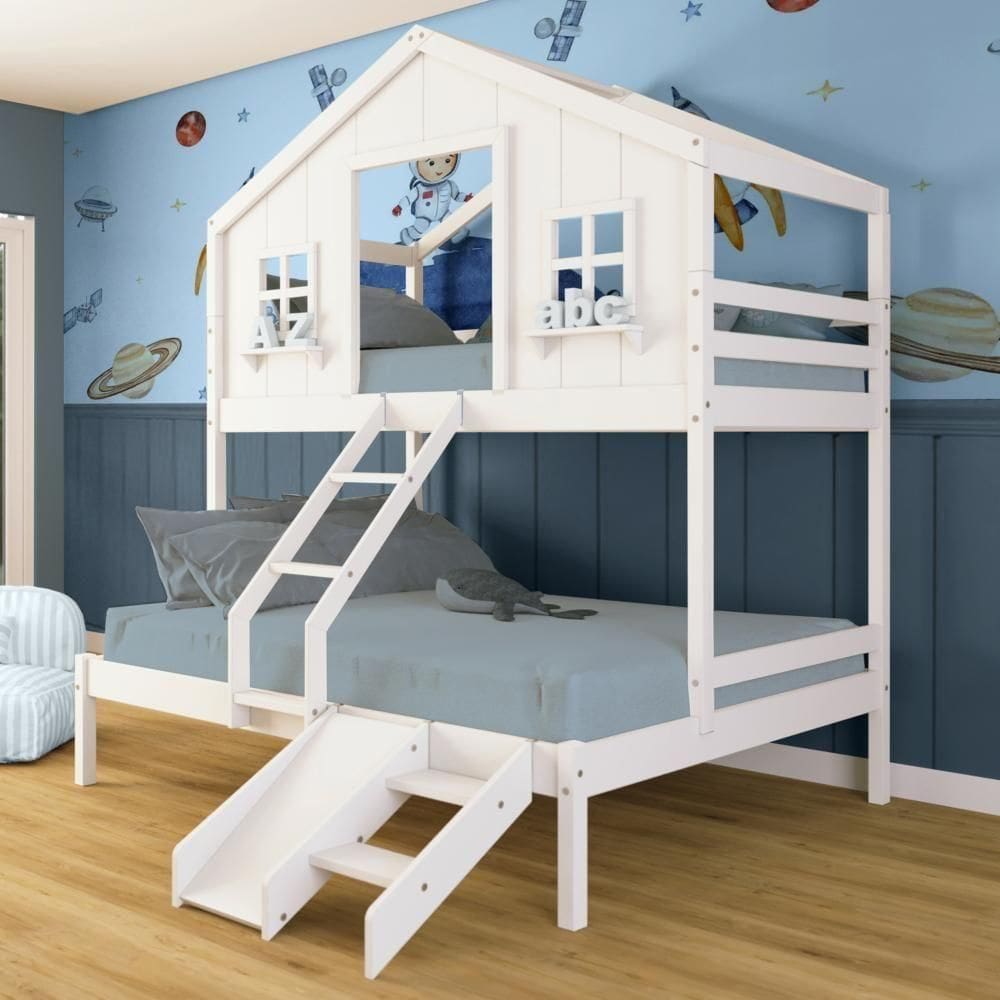 Beliche Casal/ Solteiro Casinha Dos Sonhos Com Kit Escada/ Escorregador Madeira Maciça Branco Megamobilia