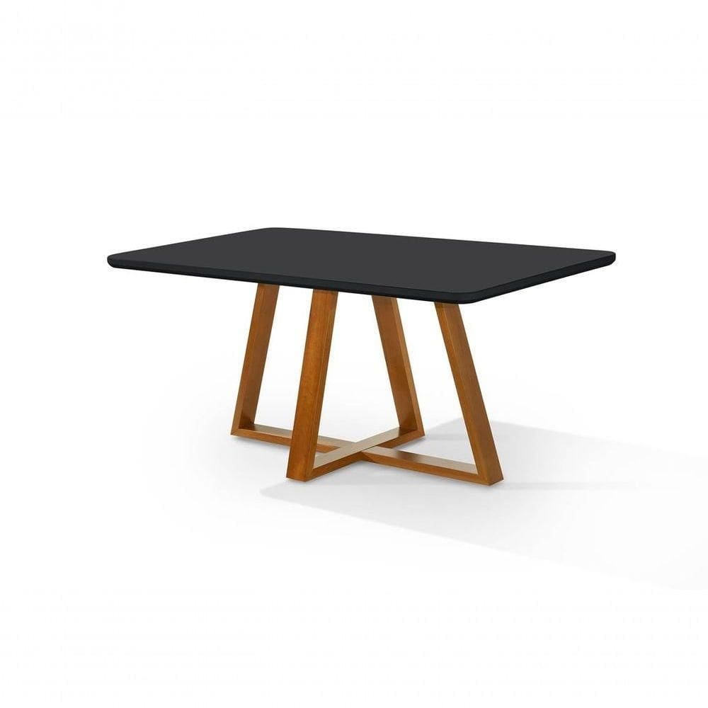 Mesa De Jantar Bela Retangular Pés Madeira Tampo Com Vidro cast/preto
