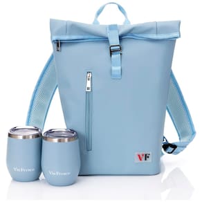 Bolsa Elegante para Duas Garrafas de Vinho em Couro com Rolha e Copos Combinando Leve e Compacta em Azul Claro,Vin Fresco