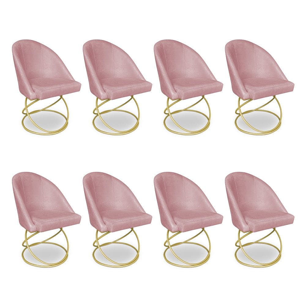 Kit 08 Cadeiras Poltrona de Jantar Bela Veludo Rosê Base Metálica Luxo Dourado - Pallazio