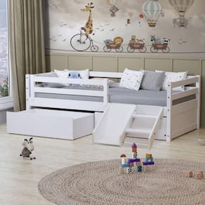 Cama Solteiro Dreams Com Gavetas Grade De Proteção E Mini Escada/ Escorrega Madeira Maciça Branco Megamobilia