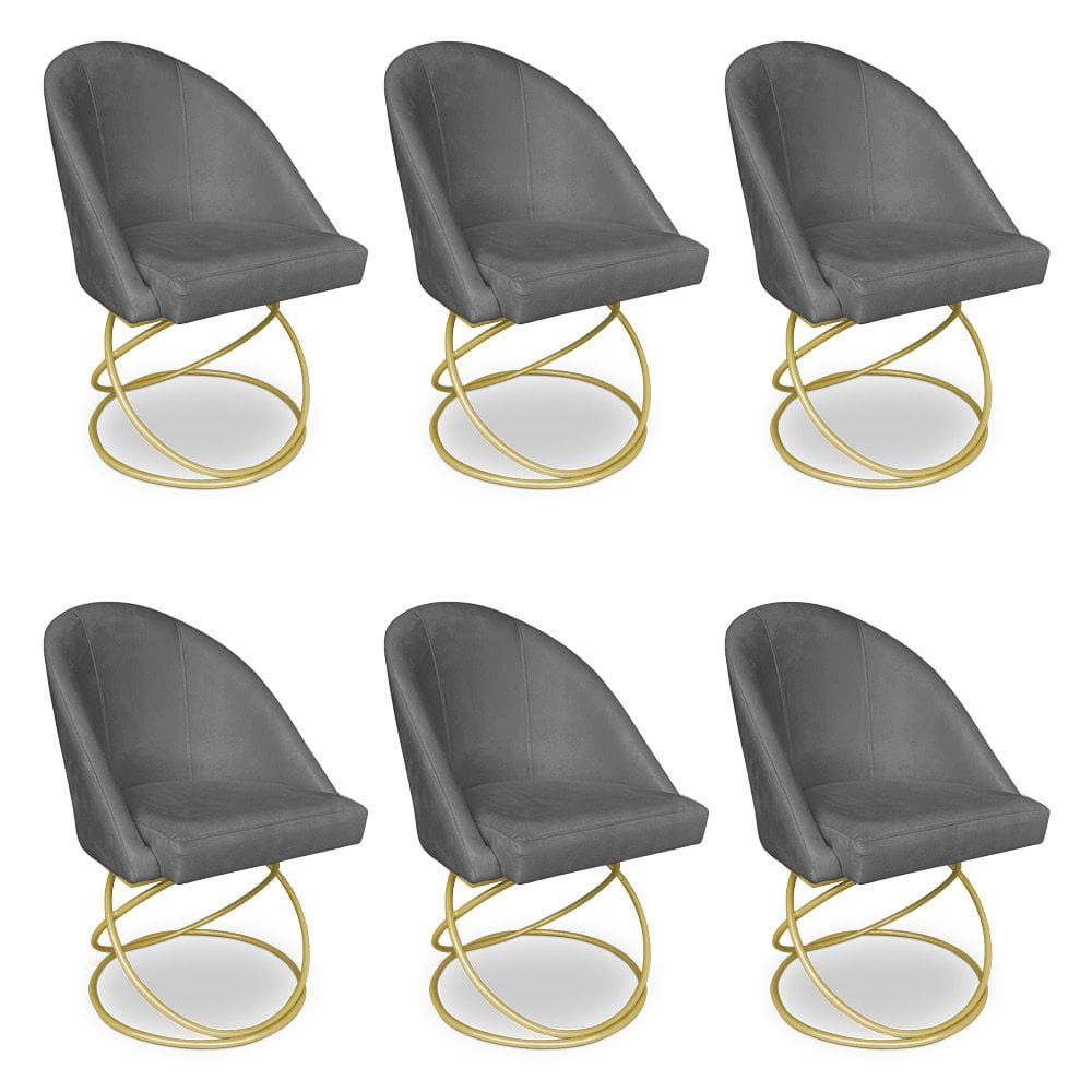 Kit 06 Cadeiras Poltrona de Jantar Bela Veludo Grafite Base Metálica Luxo Dourado - Pallazio