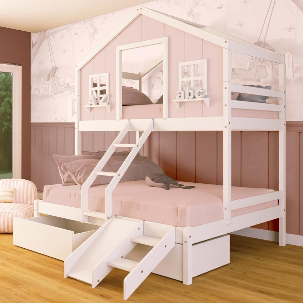 Beliche Casal/ Solteiro Casinha Dos Sonhos Com Gavetas Kit Escada/ Escorregador Madeira Maciça Rosa/ Branco Megamobilia