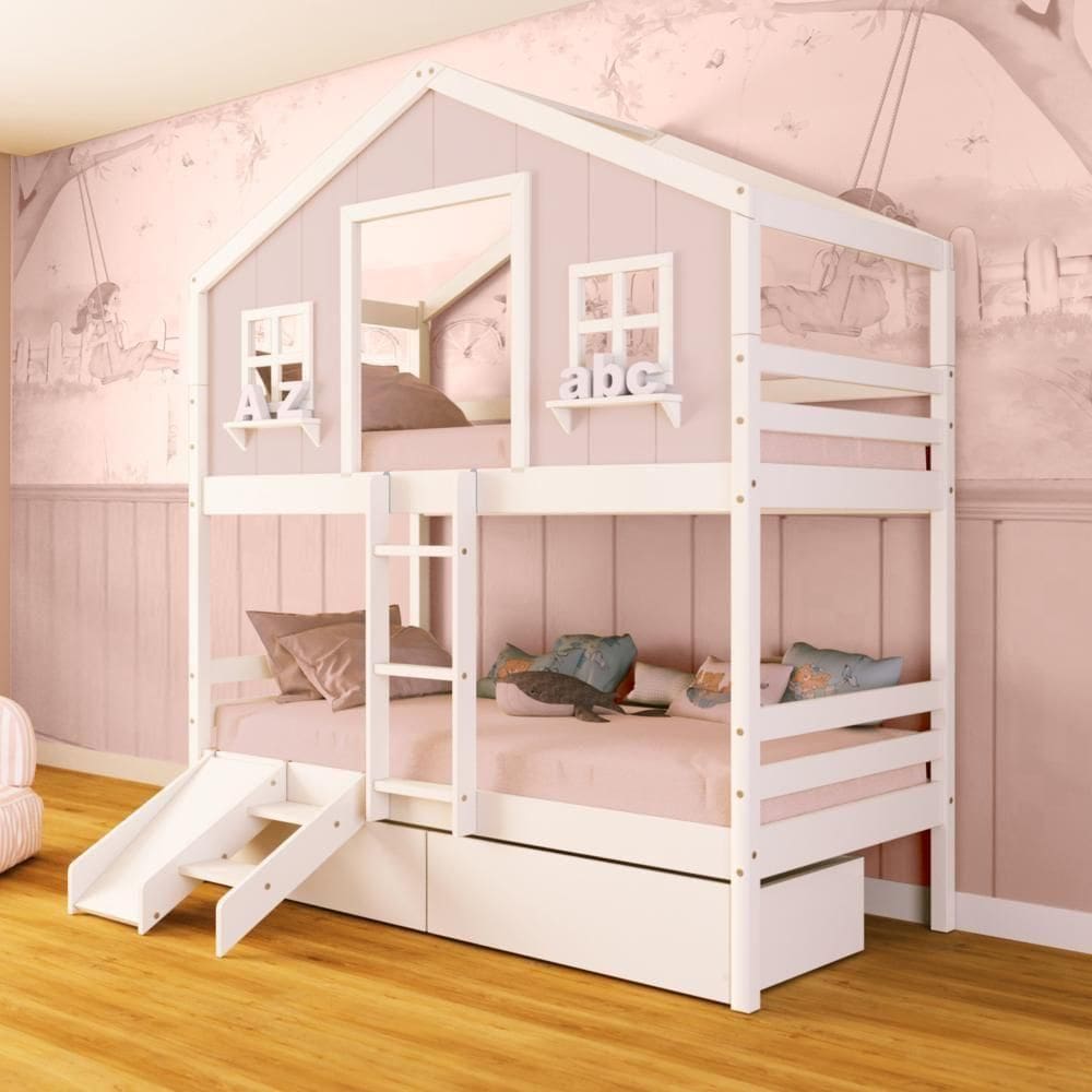 Beliche Casinha Dos Sonhos Com 02 Gavetas Kit Escada/ Escorregador Madeira Maciça Rosa/ Branco Megamobilia