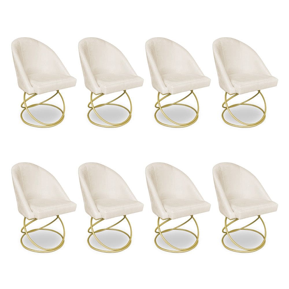 Kit 08 Cadeiras Poltrona de Jantar Bela Veludo Bege Base Metálica Luxo Dourado - Pallazio