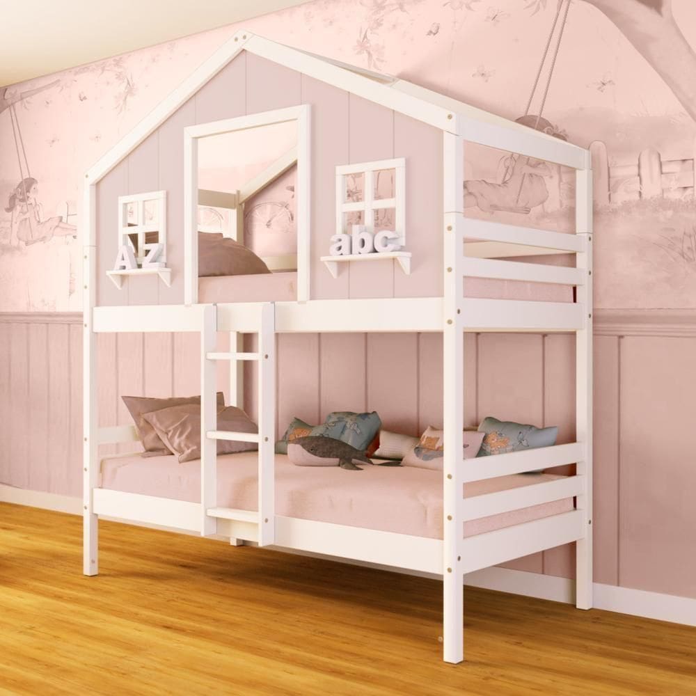 Beliche Casinha Dos Sonhos Madeira Maciça Rosa/ Branco Megamobilia