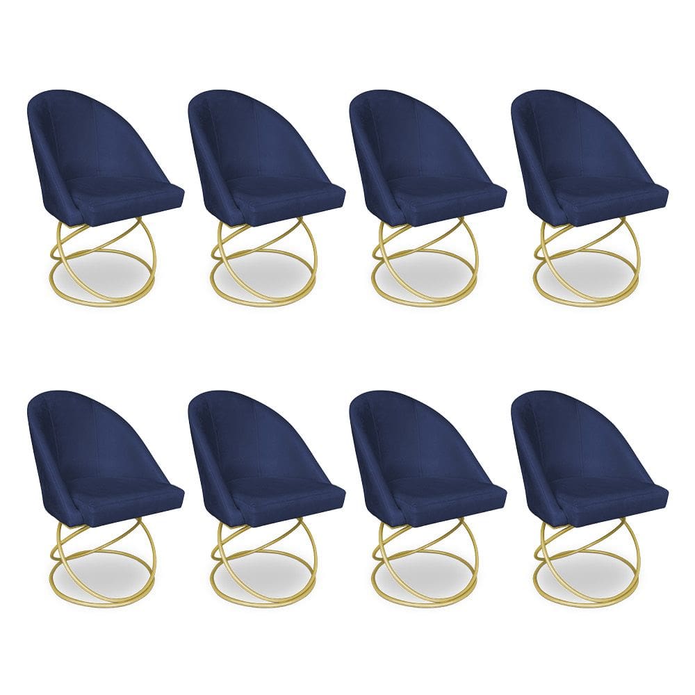 Kit 08 Cadeiras Poltrona de Jantar Bela Veludo Azul Marinho Base Metálica Luxo Dourado - Pallazio