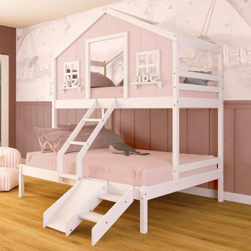 Beliche Casal/ Solteiro Casinha Dos Sonhos Com Kit Escada/ Escorregador Madeira Maciça Rosa/ Branco Megamobilia